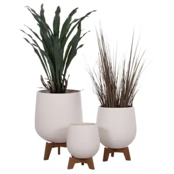 Set me 3 vazo dekorative TRYLL HM4681.02, fiber cement, me bazë druri teak, të bardha