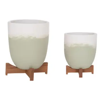 Set vazo dekorative HomeMarkt SEON HM4686.09, terrakotë, bazë dru teak, e bardhë me jeshile