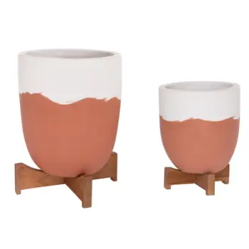 Set vazo lulesh HomeMarkt, 2 copë, terrakotë me bazament druri, ngjyrë terrakote dhe e bardhë