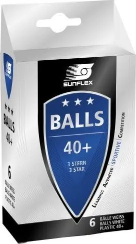Topa pingpongu Sunflex 3-Star, plastik 40+, set 6 copë, të bardhë