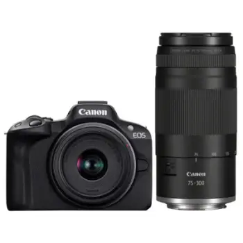 Kamerë mirrorless Canon EOS R50, lente RF S 18 45mm, lente RF 75 300mm, e zezë