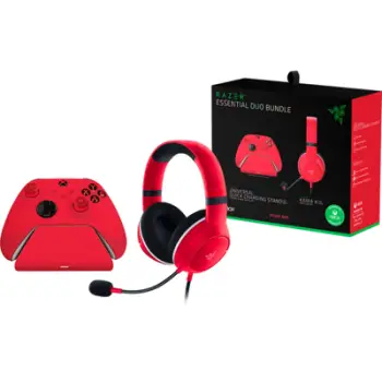 Paketë gaming Razer Essential Duo Xbox Kaira, kufje me mikrofon, qëndrim karikues kontrolleri, e kuqe Pulse Red
