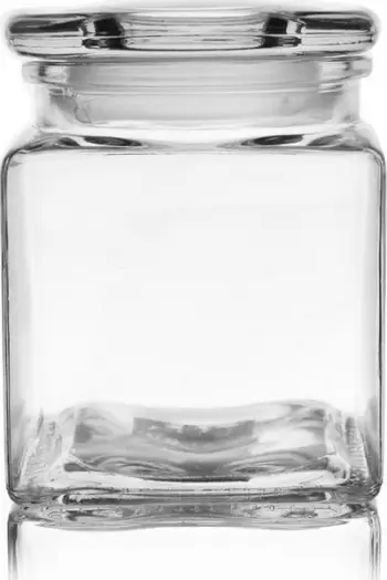 Kavanoz katror qelqi pa markë, kapak hermetik, transparent
