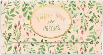 Zarf dhurate prej druri Wooden Gift Envelope Dreams, dizajn me lule, mbishkrim Follow Your Dreams, ngjyrë natyrale