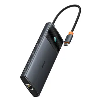 HUB USB C Baseus 10 in 1, Dual HDMI 8K 4K, RJ45 PD 100W, gri i errët