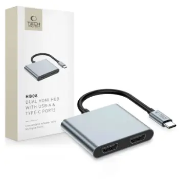 Adapter USB C Tech-Protect HB08, 4 në 1, 2x HDMI 4K 60Hz, gri
