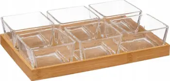Set servirje snacks Secret de Gourmet, 6 pjatanca qelqi, tabaka bambu, transparent