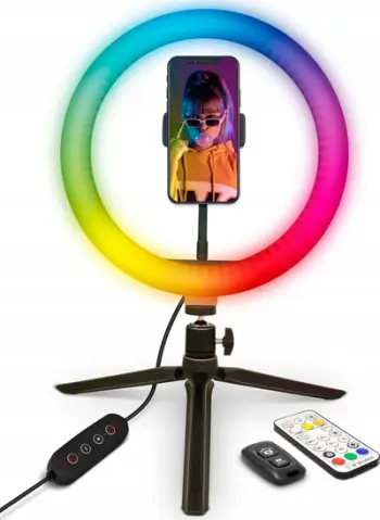 Dritë unazë LED me tripod Yenkee YSM 710 Ring, 10", RGB, mbajtëse telefoni, e zezë