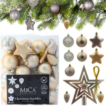 Set ornamente për pemë Mica Baubles, 40 copë, plastikë e ricikluar, ngjyrë krem