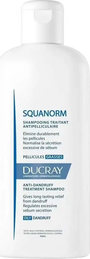 Shampo kundër zbokthit Ducray Squanorm, trajtuese për skalp me yndyrë, 200 ml, e bardhë