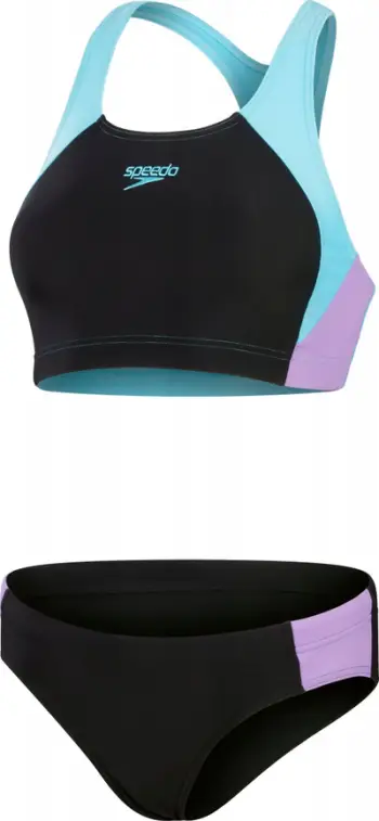 Bikini dy pjesësh Speedo Colourblock Splice, për femra, sportiv, e zezë me vjollcë dhe blu