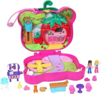 Set lodrash Polly Pocket Straw-beary Patch HRD35, 2 kukulla, 12 aksesorë, kompakt udhëtimi
