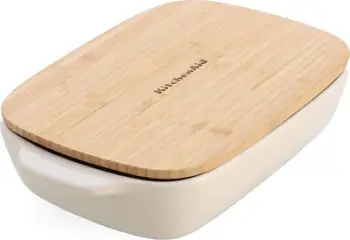 Enë pjekjeje KitchenAid Almond Cream, 26cm, gur qeramik, kapak bambuje, krem