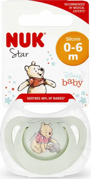 Cuclë ortodontale NUK Winnie the Pooh, 0-6 muaj, me kuti ruajtëse, shumëngjyrëshe