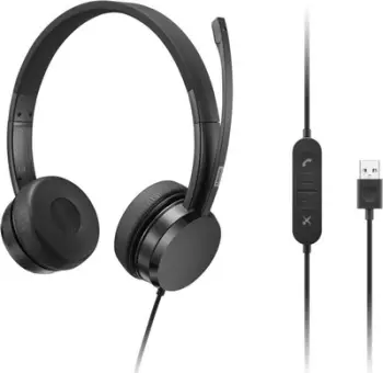 Kufje me mikrofon Lenovo Stereo USB A, me kabllo, kontroll në kabllo, të zeza