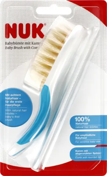 Set furçë dhe krehër flokësh NUK Baby 100, qime natyrale, dhëmbëza të rrumbullakosura, blu