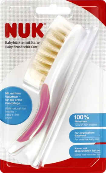 Set furçë dhe krehër për bebe NUK, qime 100% natyrale, maja të rrumbullakosura, bezhë