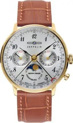 Orë dore Zeppelin LZ129 Hindenburg 7039-3, quartz, Moon Phase, me rrip lëkure, cadran blu