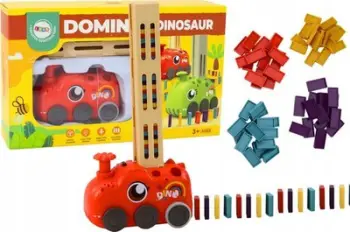 Lodër makinë dinosaur me bateri, vendosëse domino, 4 ngjyra blloqesh, e kuqe