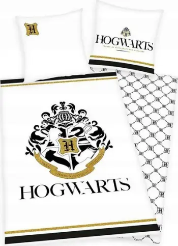 Set çarçafësh Harry Potter Hogwarts, 100% pambuk, print ari, i bardhë