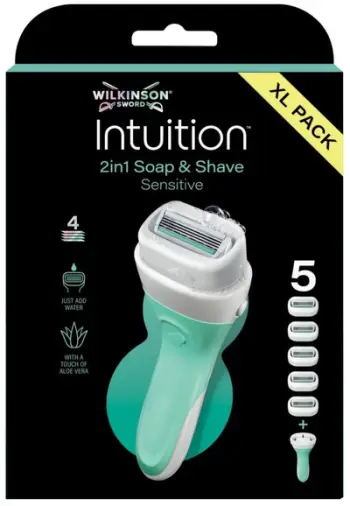 Brisk rroje Wilkinson Sword Intuition Sensitive, 2 në 1 sapun dhe rruajtje, 5 koka zëvendësuese, mente