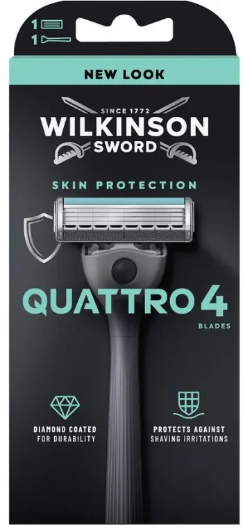 Brisk rroje Wilkinson Sword Quattro 4, 4 tehe, mbrojtje lëkure, i zi