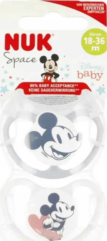 Qetësues silikoni NUK Space Disney Mickey, 18-36m, set 2 copë, i bardhë