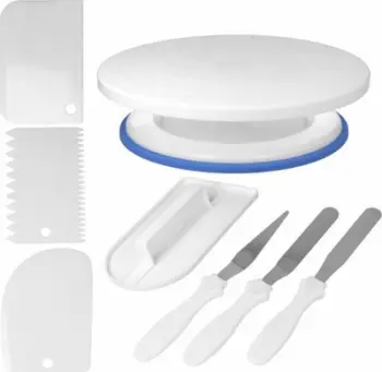Set dekorimi torte pa markë, bazë rrotulluese 28 cm, shpatulla dhe scraper, e bardhë