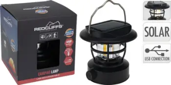 Dritë kampingu Redcliffs, 10 cm, karikim USB dhe diellor, e zezë