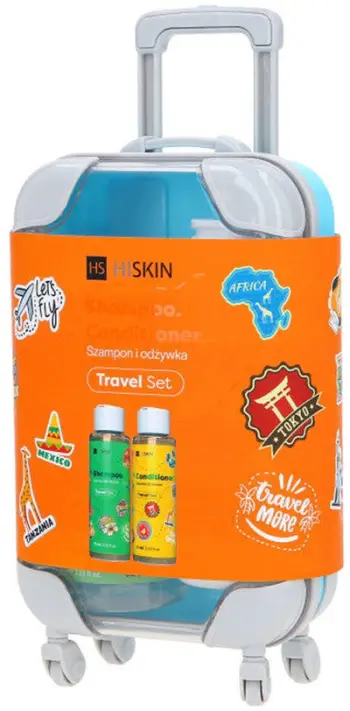 Set udhëtimi për flokë Hiskin Beauty Gift, shampo 75ml, balsam 75ml, valixhe plastike blu