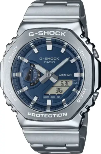 Orë dore Casio G Shock GM 2110D 2BER, dual display, rezistente ndaj ujit 200m, argjendi navy