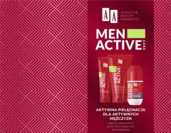 Set kozmetik për meshkuj AA Men Active, krem fytyre SPF 30, xhel larës fytyre 3 në 1, antiperspirant, i kuq