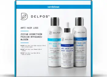 Set kundër rënies së flokëve Delpos Anti Hair Loss, shampo maskë dhe solucion nate, për skalp të ndjeshëm, i bardhë
