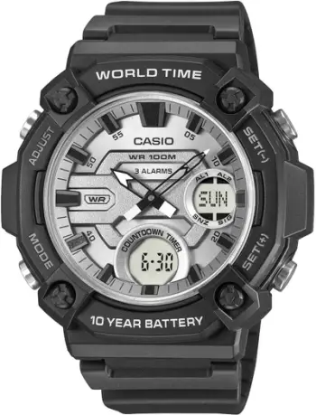 Ora dore Casio AEQ120W 7A, analoge dhe dixhitale, 100m rezistente ndaj ujit, e zezë me faqe argjendi