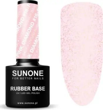 Bazë gomë për thonj Sunone Rubber Base 16 Pink Diamond, xhel UV LED, rozë me shkëlqim