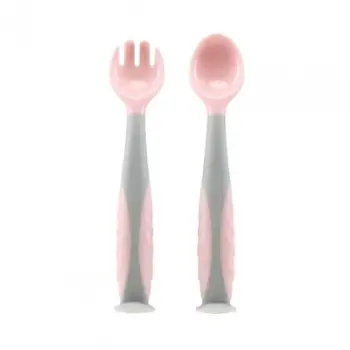 Set lugë dhe pirun për bebe U-grow, plastikë, me kuti, rozë