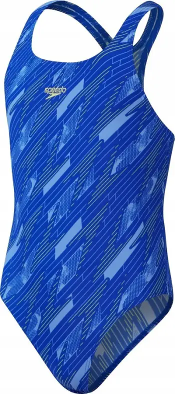 Kostum banje vajzash Speedo HyperBoom Medalist, rezistent ndaj klorit, model sportiv, blu me të verdhë