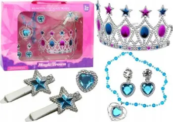 Set aksesionesh princeshë për vajza Little Princess, kurorë vathë varëse unazë kapëse flokësh, rozë dhe blu