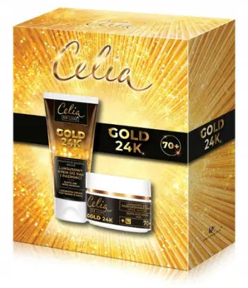 Set dhuratë kozmetik Celia De Luxe Gold 24K, krem fytyre kundër rrudhave 70+, krem duarsh dhe thonjsh, ngjyrë ari