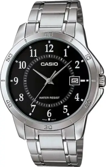 Ora dore Casio MTPV004D-1B, analog quartz, çelik inox, e argjendtë me kornizë të zezë