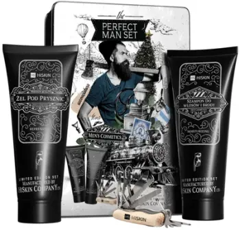 Set kujdesi për meshkuj HISKIN Perfect Man, xhel dushi 200ml, shampo flokësh dhe mjekre 200ml, i zi