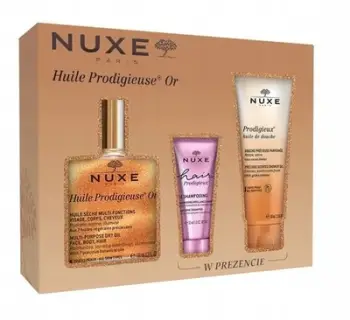 Set kujdesi trupi Nuxe Huile Prodigieuse Or, vaj i thatë 100ml, shampo flokësh 30ml, vaj dushi 100ml