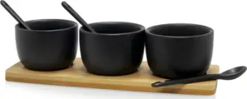 Set tasa porcelani me lugë bambuje, 7 copë, i zi
