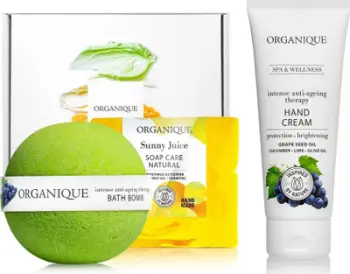 Set dhuratë trupit Organique Juicy Cosmetics 2024, bombë banje sapun natyral krem duarsh, aromë frutash