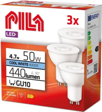 Set ampulash LED Pila GU10, 4.7W 440 lumen, cool white, 3 copë