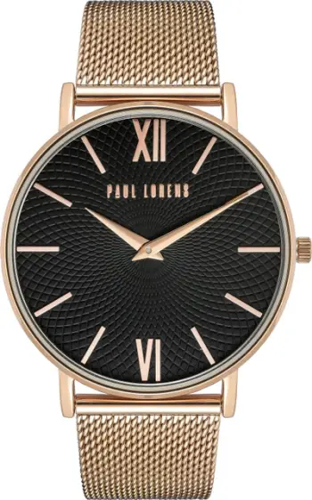 Orë femrash Paul Lorens PL11989B7 1D3, 40mm, rrip mesh çelik, e artë rozë me cadran të zi