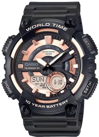 Orë dore Casio AEQ-110W-1A3VDF, analog digitale, quartz, 10 ATM, e zezë me rose gold