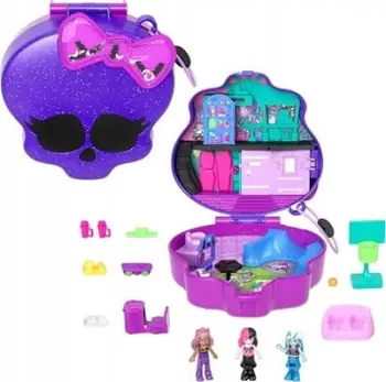 Set loje Polly Pocket Monster High, 3 kukulla mikro, 10 aksesorë, shumëngjyrësh