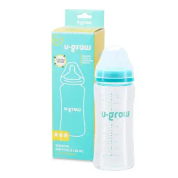Biberon prej qelqi U-Grow, 260 ml, me 2 guma rezervë, transparent