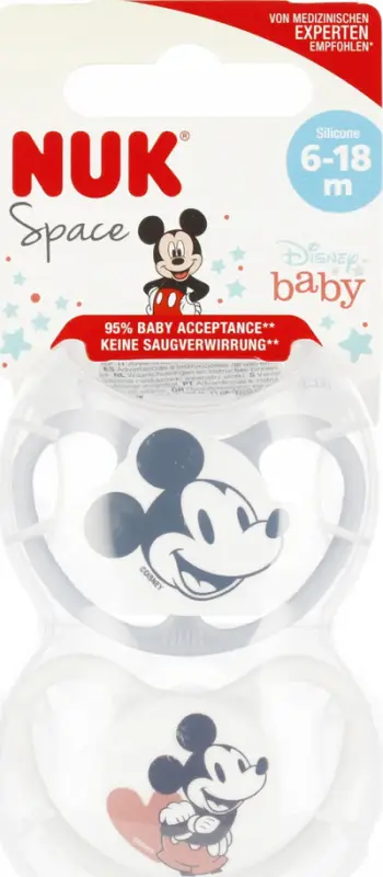 Biberon qetësues NUK Space Disney Mickey, silikon, 6-18m, rozë, 2 copë
